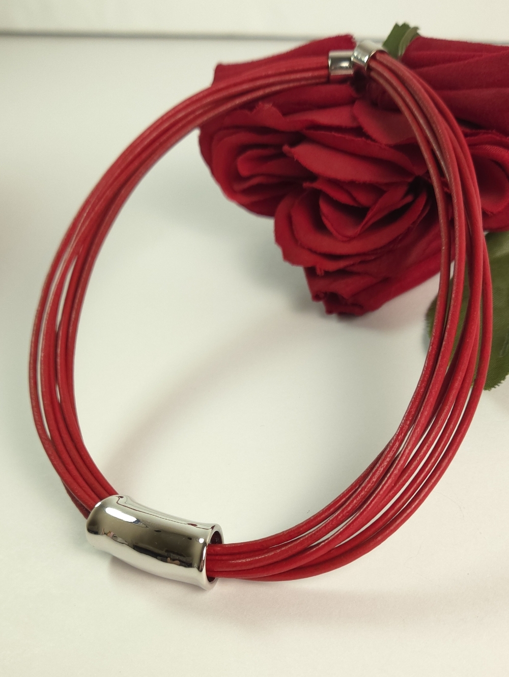 Red Leather Multi Cord & Silver Tube Necklace Statement Necklace